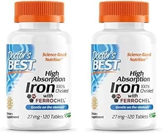 Doctor's Best High Absorption Iron Tablet with Ferrochel, Gentle on The Stomach, Immune Health, Blood Health, 27 mg (Pack of 2)