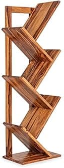 Solid Sheesham Wood Book Shelf | Wooden Tree Shape Bookshelf | Free Standing Bookcase with 6 Open Shelf Storage | Utility Organizer Shelves for Living Room | Rosewood, Natural Finish