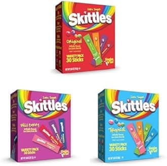 Skittles Singles To Go Original,Tropical and Wild Berry, Variety Pack, Powdered Drink Mix, Zero Sugar, Low Calorie, Includes, 12 Flavors, 90 Total Servings