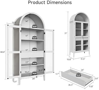 ONBRILL 71" Tall Arched Cabinet, 5-Tier Arched Kitchen Pantry with Glass Doors & Drawer, Modern Display Pantry Cabinets with Adjustable Feet, Wooden Pantry for Kitchen, Living & Dining Room, Off White