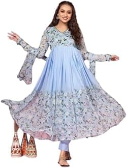 KD Women's Anarkali Floral Printed Kurta Pant Set with Dupatta Anarkali Kurta for Women | Kurta Set | Anarkali Dress V-NACK Kurtis Set for Women