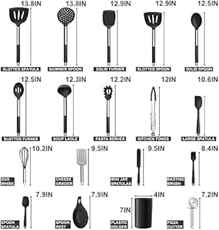 Silicone Kitchen Utensils Set, E-far 30-Piece Cooking Utensils Set with Holder, Heat Resistant Kitchen Spatulas Turner Tong Spoon Whisk Ladle for Nonstick Cookware, Stainless Steel Handle (Black)