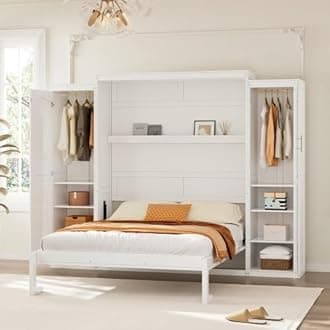 Full Size Murphy Bed with Two Wardrobe, Wall Bed Cabinet Bed with Storage Shelf, Multifunctional Foldable Platform Bedframe for Guest-Room, Bedroom, White