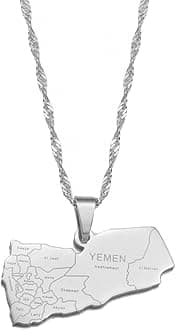 Hafrita Yemen Map Flag Pendant Neckalces Silver Gold Neckalce Yemeni Map Chain Necklaces (60cm Thin Chain, Silver Color With Cities Name)