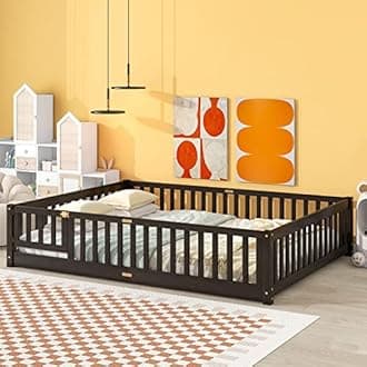 Tatub Queen Floor Bed with Safety Guardrails and Slats, Toddler Floor Bed Frame Queen Size for Girls and Boys, Wood Montessori Floor Bed for Kids, Queen-Espresso