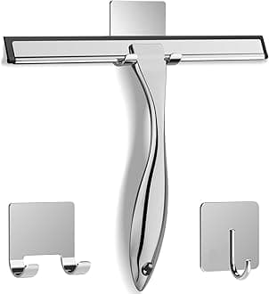 Docrok All-Purpose Stainless Steel Shower Squeegee for Shower Glass Door with 2 Adhesive Hooks, Bathroom Cleaner Tool Household Window Mirror Squeegee, Cleaning Tile Wall, Car, 10 Inch Silver