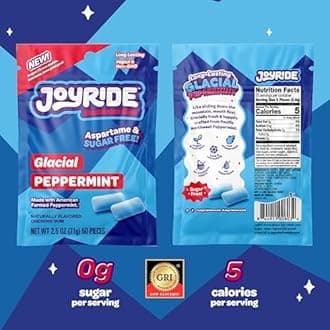 JOYRIDE Classic Strawberry Twists - 4oz 6-Pack Bundle with 2.5oz Glacial Peppermint Gum, Low Sugar Strawberry Flavor, Low Calorie Snacks, Dye Free and Plant Based Candy (7 Items)