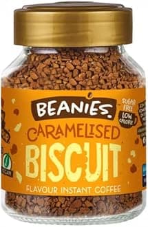 BEANIES Flavoured Instant Coffee Caramelised Biscuit Hot & Cold Coffee Makes 25 Cups 100% Arabica Coffee Smooth & Sugar Free 50g. Bottle (Caramelised Biscuit)