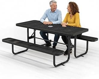 Commercial Heavy-Duty Metal Picnic Table - ADA Compliant, Adjustable Seats, Umbrella Hole, Expanded Metal (Black, 6' Rectangular)