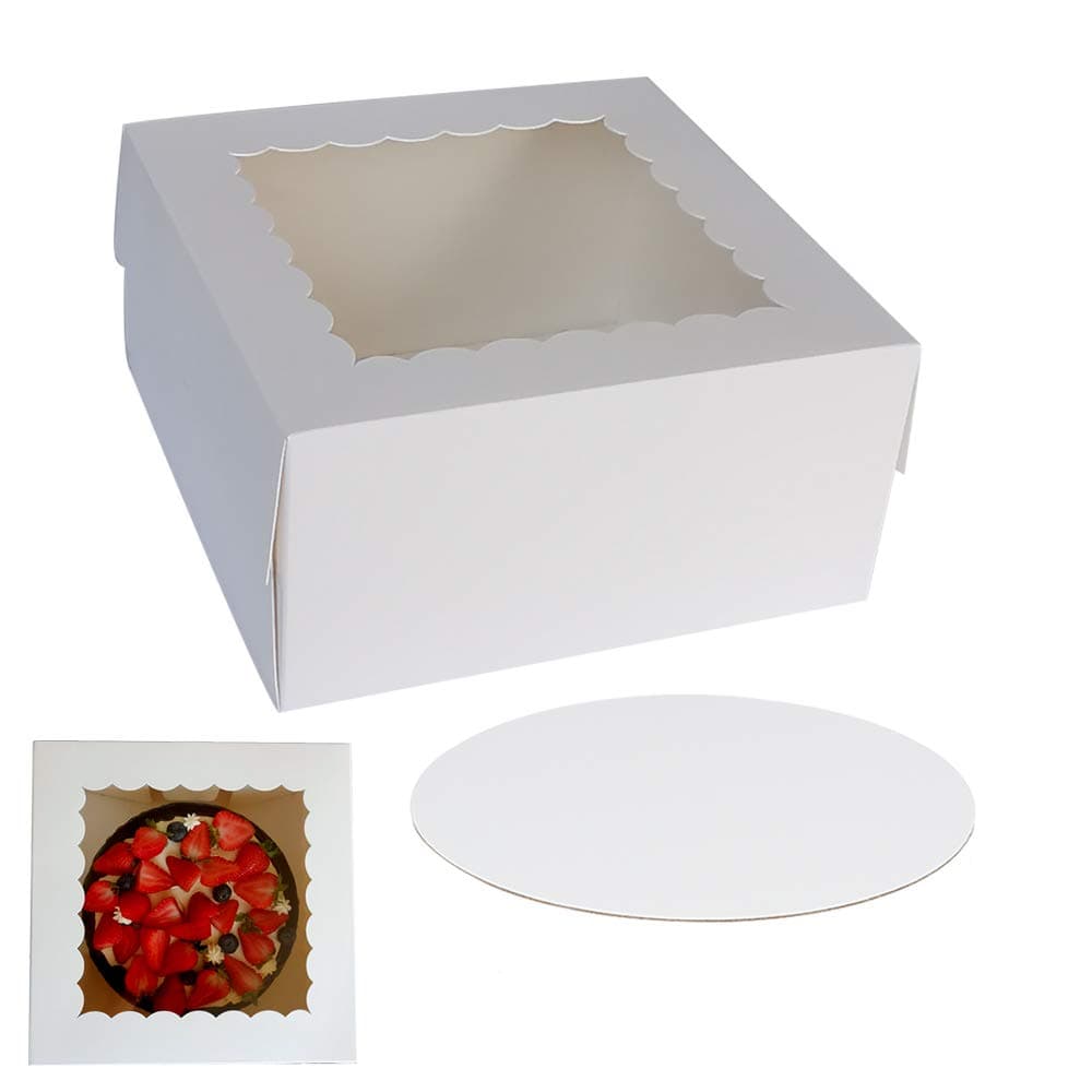 zmybcpack10” x 10” x 5” Cake Boxes With Window & 10” Round Cake Boards(10 Pack Of Each), Paperboard Cake Baker Box For Bakery, Cakes, Pastries By