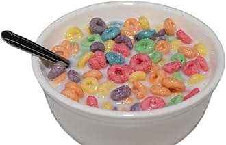 Artificial fruits for decorating parties The Colorful Bowl of Fruit Loops Cereal in Fake Milk is An Eye-Catching Prop for Photography, Advertising, or Food-Themed Interior Decoration. Home decoration,