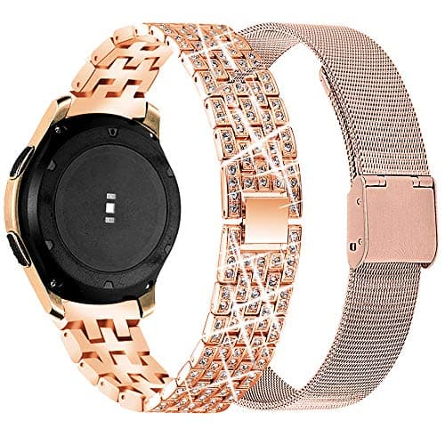 Compatible Galaxy Watch 3/Active 2 40mm/44mm Band,2Pack 20mm Stainless Steel Wrist Bands Bracelet Jewelry Bling Metal Mesh Strap Replacement for Samsung Galaxy Watch 42mm(Rose Gold)