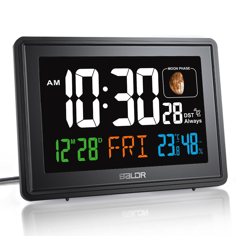 Atomic Alarm Clock - Large Color Display Digital Desk Clock - with Indoor Temperature & Humidity - Date & Real-Time Moon Phases - Perfect Office or Nightstand Clock (Black)