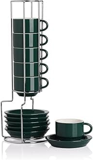 Sweejar Porcelain Espresso Cup & Saucer Set, Stackable Demitasse Cups with Metal Stand, 2.5 OZ for Latte,Coffee,Cafe Mocha,Tea, Set of 6 (Jade)