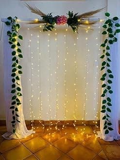 Lazybeee Elegant Ganpati Decoration: 2pcs White Sheer Net Curtain with 2pcs Green Vines & 1pc Fairy Lights for Ganesh Chaturthi | Birthday Anniversary | Bride to Be Backdrop | Festival Decor Backdrop