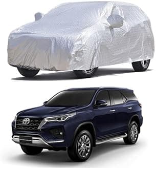 100% Waterproof Car Cover for Toyota Fortuner (All Models Compatible) with 4 tyre Windproof Belt, Center Buckle Belt, Mirror Pocket, Front-Rear Bottom Elastic,Heat Resistant,Triple Stitch.