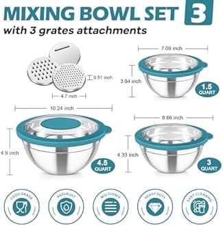 TeamFar Mixing Bowls, 3PCS Stainless Steel Serving Salad Bowls with Lids & 3 Graters, For Kitchen Mixing/Baking/Storing/Prepping, Visible & Airtight, Easy Clean - 4.5/3 / 1.5 QT, Dark Blue