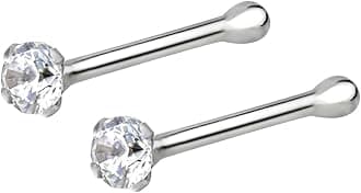 Forbidden Body Jewelry Nose Rings Sterling Silver CZ Simulated Diamond Bone Studs, 1.5mm Crystal 22g