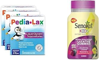 Pedia-Lax Laxative Liquid Glycerin Suppositories for Kids Ages 2-5, 6 CT, 3 Pack + Senokot Kids Mixed Berry Laxative Gummies for Age 2+, 40 ct