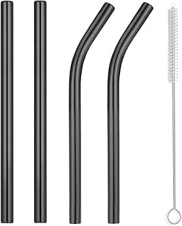 Vinaco Reusable Wide Mouth Straws - 8.5" & 10.5" Stainless Steel, Set of 4 with CleanerBrush, Black Metal Straws forThicker Drinks