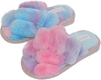 HitopteuWomens & Girls Slippers Ladies Fluffy Plush House Slippers Cozy Open Toe Faux Fur Sliders for Girls Warm Sandals Indoor Winter