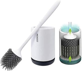 MEKEET Silicone Toilet Brush and Holder,Bathroom Toilet Brush Holder Set,Silicone Toilet Cleaning Brush Kit with Soft Bristle Brush (Flooring, White, Plastic,Rubber,Silicone,Tpr )