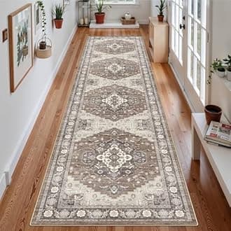 3x12 Washable Hallway Runner Rug: Oriental Living Room Entryway Wide Area Rug Ultra Soft Non Slip Runners for Kitchen Dining Room Stain Resistant Low Pile Floor Mat for Bathroom Bedroom(Brown,3x12)