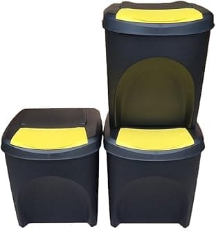 Large Stackable Recycling Bins Set of 3x25L (Brand KrysGo) - Customizable Lids with Recycling Stickers - Waste Sorting for Home, Kitchen, Office (Black + Yellow)