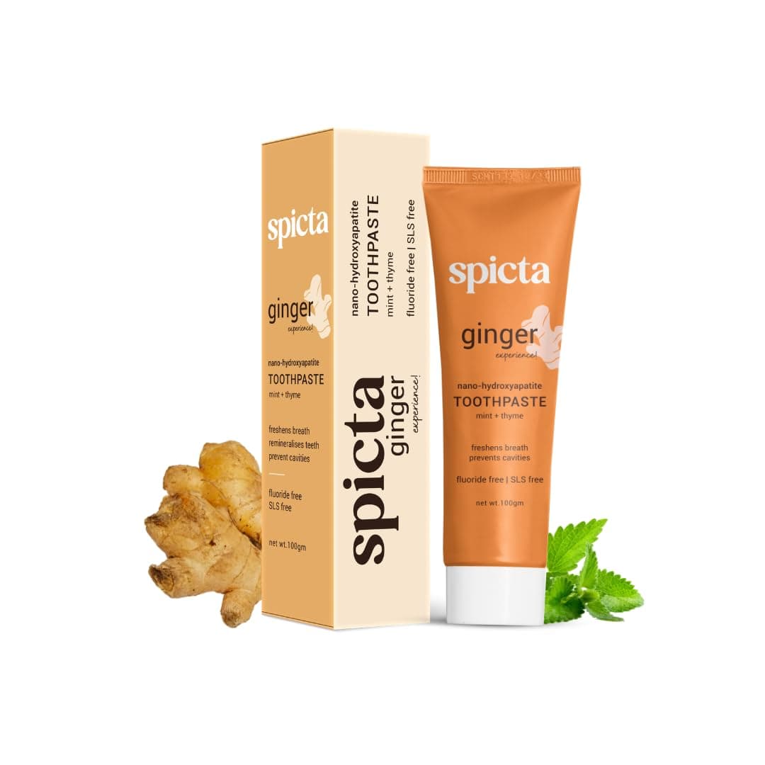 Spicta Ginger Mint Toothpaste with Thyme | Powered by Teeth remineralisation Formula: N-Ha | Fluoride Free, SLS & Paraben Free | Freshens Breath & Prevents Cavities (100 Gm)