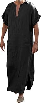 Kaftan Thobe Mens Short Sleeve V-Neck Linen Robe Big and Tall Muslim Robe Casual Loose Lightweight Long Sleeping Gown