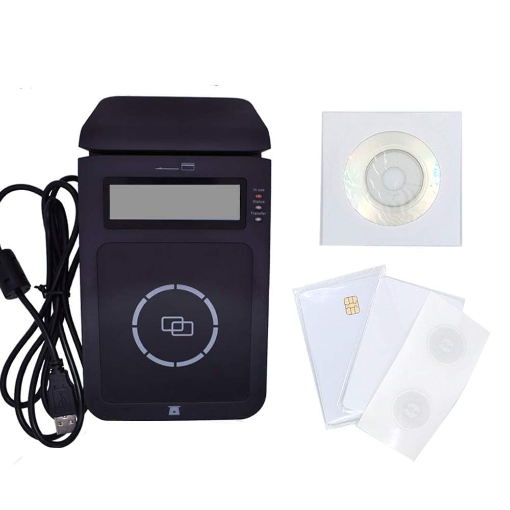 NFC RFID Smart Contact and Contactless IC Card Reader Writer Mifare Smart Card Reader with Keyboard Plus 2pcs 4442 Cards Plus 2pcs Ntag213 Labels