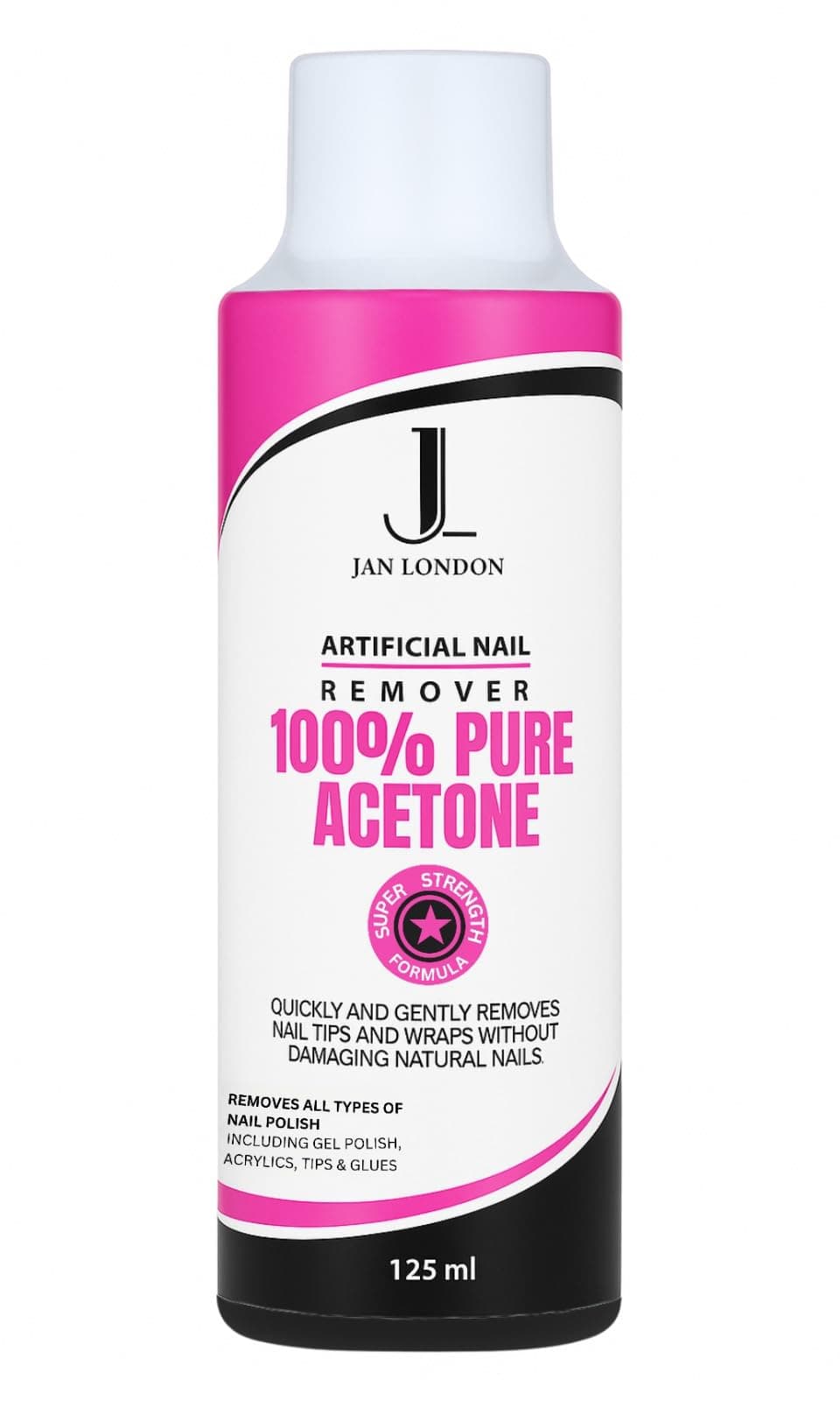 JAN LONDON 100% Pure Acetone Nail Polish Remover for UV/LED Gel, Acrylic Nails, and Nail Varnish Soak Off – Professional Strength, Fast-Acting Formula, 125ml