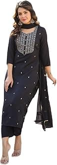 GoSriKi Women's Straight Embroidered Rayon Blend Kurta with Trousers and Dupatta