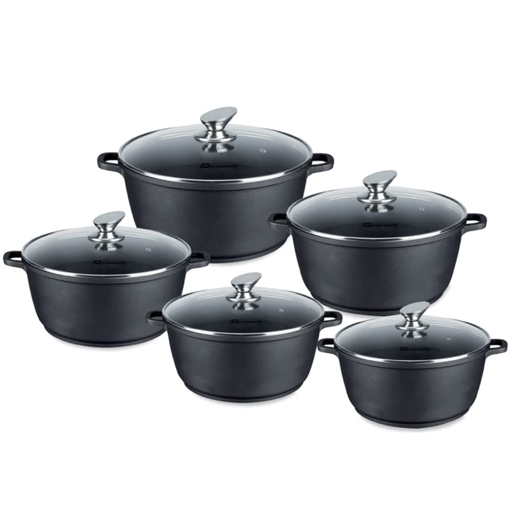 SQ Professional NEA Die-Cast Aluminum Stackable Stockpot 5pc Set with Tempered Glass Lid | 3-Layer Non-Stick Coating |Stainless Steel knob |Induction Base |Oven Safe (Without Lid) | (Black)