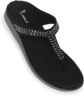 V-WALK Embellished T-Strap Smart-Casuals Comfort Sandals for Women | Easy-To-Wear Slip-ons Daily-Wear Slippers | College, Outdoor, Office, Work & Shopping Comfortable Sandals