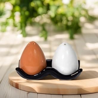 Handmade Ceramic Salt Pepper Set for Dining Table & Kitchen Ceramic Salt and Pepper Shakers Set Dispenser Set (60 ML) (Egg with Black Tray)
