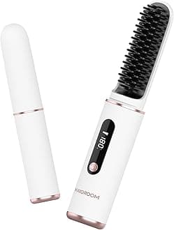 Cordless Hair Straightener Brush, Portable Hair Straightening Brush for Travel, Hot Straightener Comb for Women with LED Display, Type-C Rechargeable, Anti-Scald (White)