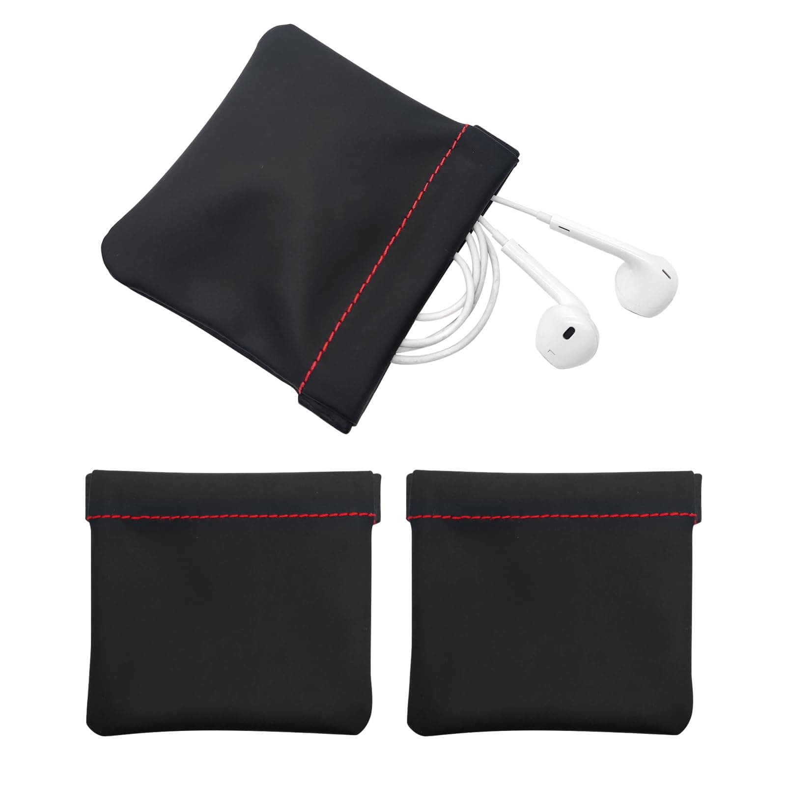 3pcs Earphone Pouch PU Leather Headphone Storage Bag Universal Spring Bag Closure Soft Elastic Snap Spring Pouch for Storing Earphones, Coins, Keys, USB Flash Drives, Jewellery