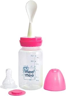 Mee Mee 125ml 2 in 1 Baby Feeding Bottle with Spoon (Pink)