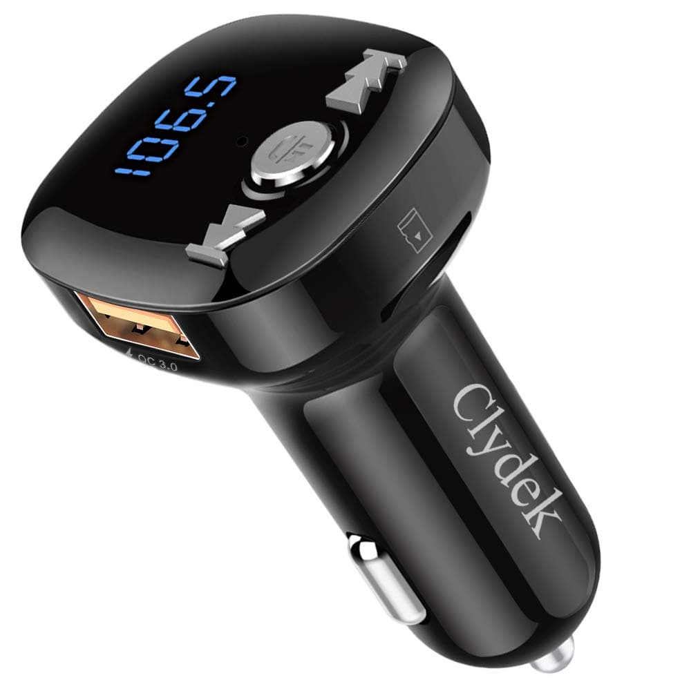 Bluetooth FM Transmitter, Clydek V5.0 Bluetooth Car Radio Adapter with Hand-Free Calling, Dual USB & QC3.0 Fast Charging, Music Player Support USB Drive & TF Card