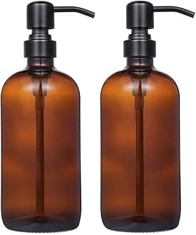 CHBKT 2 Pack Thick Amber Glass Pint Jar Soap Dispenser with Matte Black Stainless Steel Pump, 16ounce Boston Round Bottles Dispenser with Rustproof Pump for Essential Oil, Lotion Soap