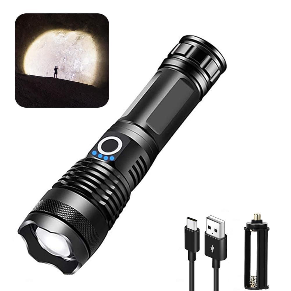 LED Flashlights, 10000 Lumen Super Bright Tactical Flashlight, Rechargeable Flash Light, 5 Modes Zoomable Waterproof Flash Lights for Emergency, Camping, Hiking, Outdoor, Home