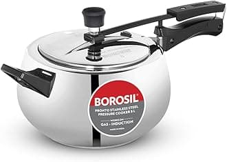 Borosil 5L Pronto Stainless Steel Pressure Cooker with Inner Lid | Gas & Induction Compatible | 6.8 mm Heavy Encapsulated Base | SS304 Food Grade | 5 Year Warranty