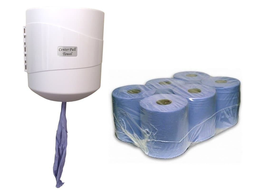 CENTREFEED centerfeed + 6 Rolls Paper Centre Pull Feed Dispenser White Wall Mounted Lockable ABS Plastic