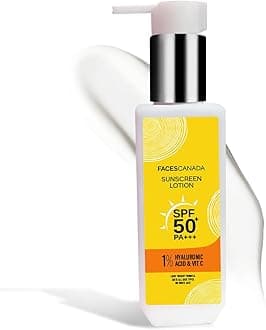 FACESCANADA Sunscreen Lotion, 100ml | SPF 50 PA+++ | Oily Protects From UVA & UVB Rays | 1% Hyaluronic Acid & Vitamin C | Lightweight | No White Cast | Natural Radiant Glow| No Alcohol | No Parabens