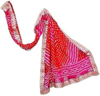 PK HUB Women’s Jaipuri Rajasthani Bandhani Silk Dupatta – Heavy Multi-Colored Bandhej Dupatta with Gota Patti Work & Latkan for Ethnic Wear (, Free Size)