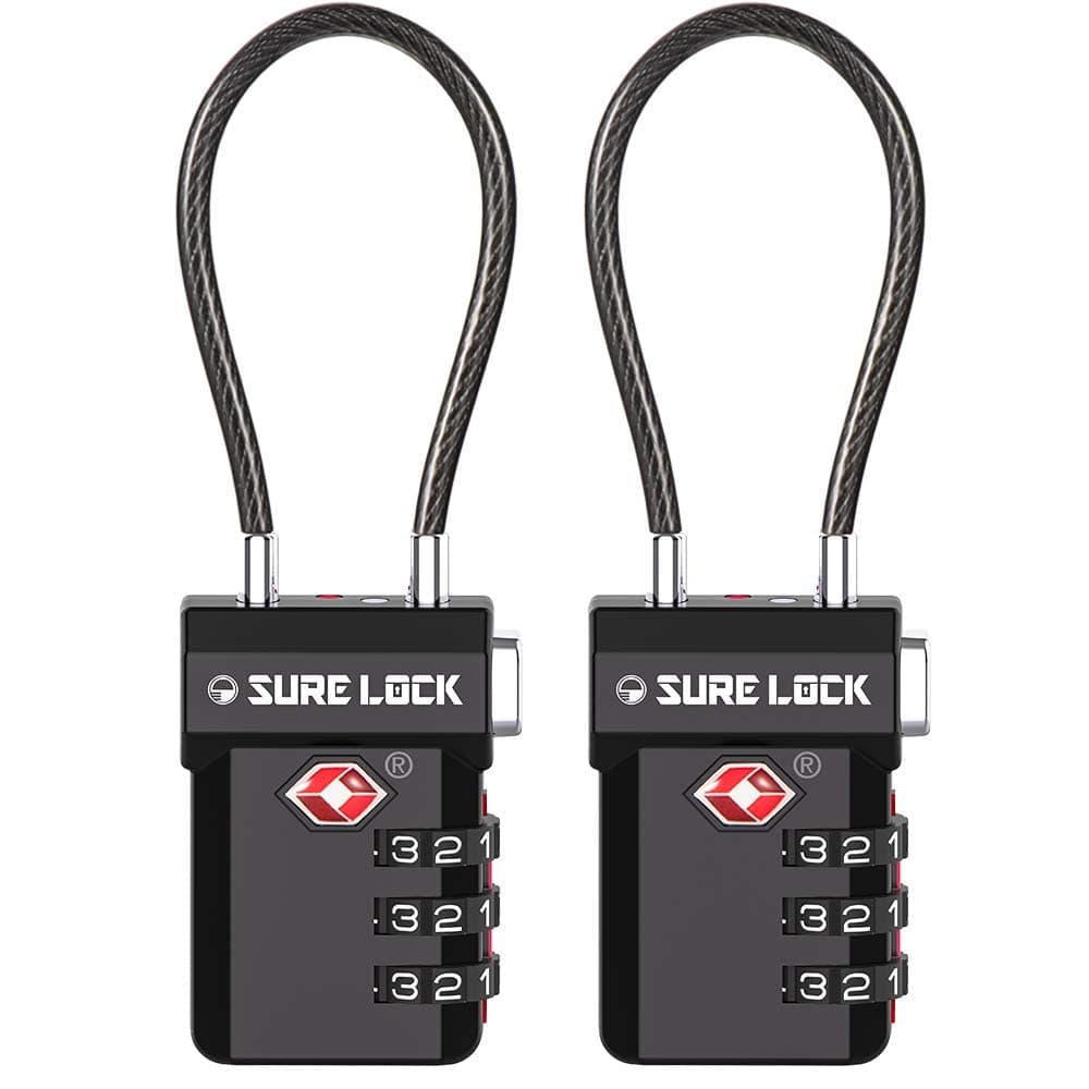 SURE LOCK TSA Approved Luggage Locks – 3-Digit Combination Cable Lock with Red Indicator, Large Dial & Easy-Press Button for Suitcases and Backpacks – Multi-Pack & Color Options