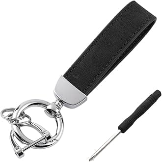 Kewucn Genuine Leather Car Keychain, Universal Heavy Duty Metal Auto Key Fob Holder with Anti Lost D-Ring for Men Women （Silver-Black）