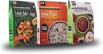 Sita Ram Diwan Chand Ready to Eat Cooked Aaloo | Jeera Rice | Dal Makhani Pre- Cooked Rice 300 Gram Each| No Preservatives | No Artificial Flavors | 100% Natural Ingredients| Tasty Snacks - Pack of 3