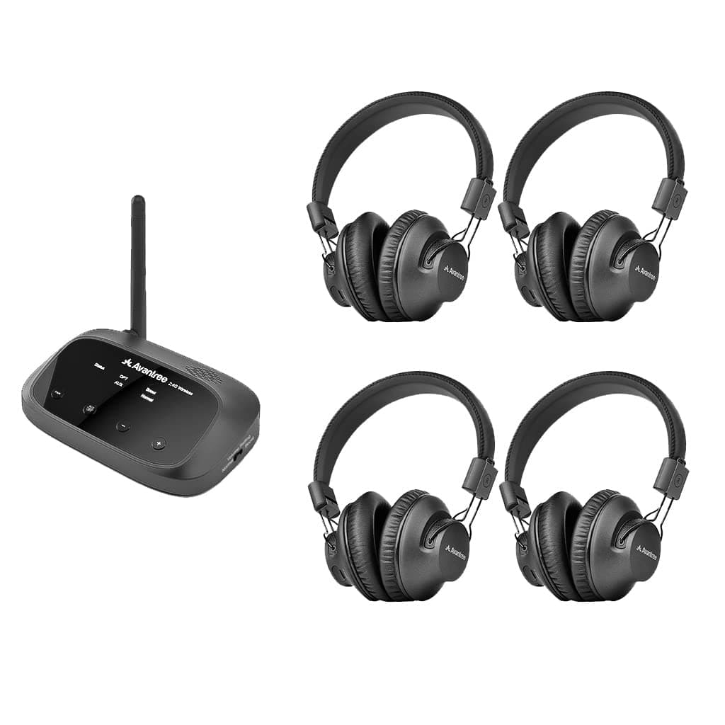 Avantree Quartet - 4 Wireless Headphones & 1 Transmitter for Multiple Group Listening Scalable to 100 with No Lip-Sync Delays for TV Watching, Silent Discos, Hearing Assistance in Church, and More